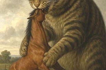 Image of a huge cat eating a horse, an example of AI slop.