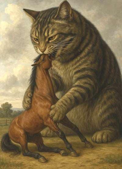 Image of a huge cat eating a horse, an example of AI slop.
