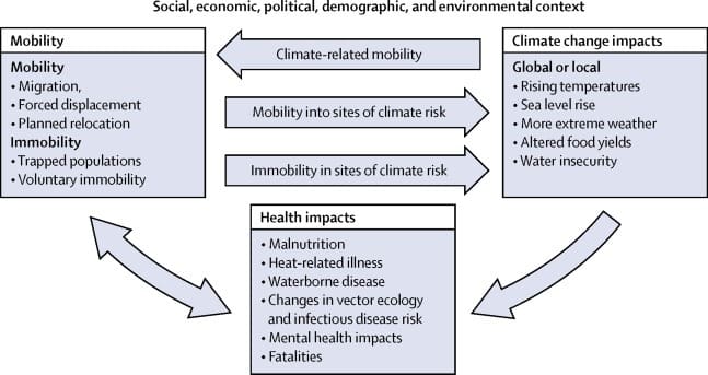 Diagram showing health impacts of climate change.