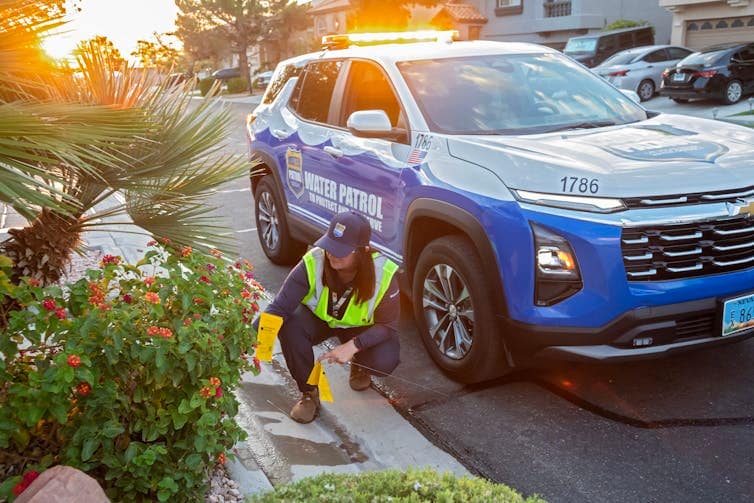A woman in a reflective vest checks a plant along a street. Behind her, an SUV has the words 'Water Patrol' on the side.