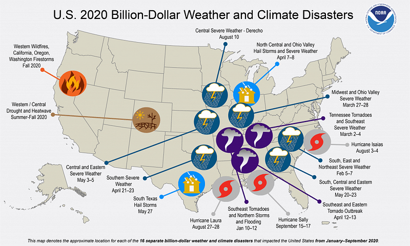 Map of billion dollar disasters in the United States.